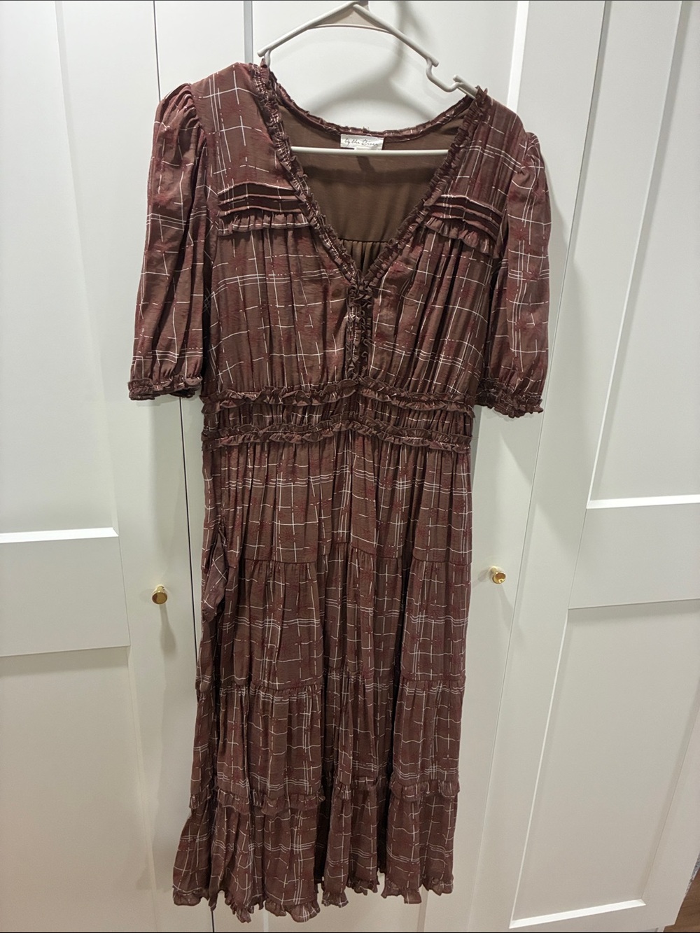 Boho Smocked Waist Midi Dress in Rust Plaid